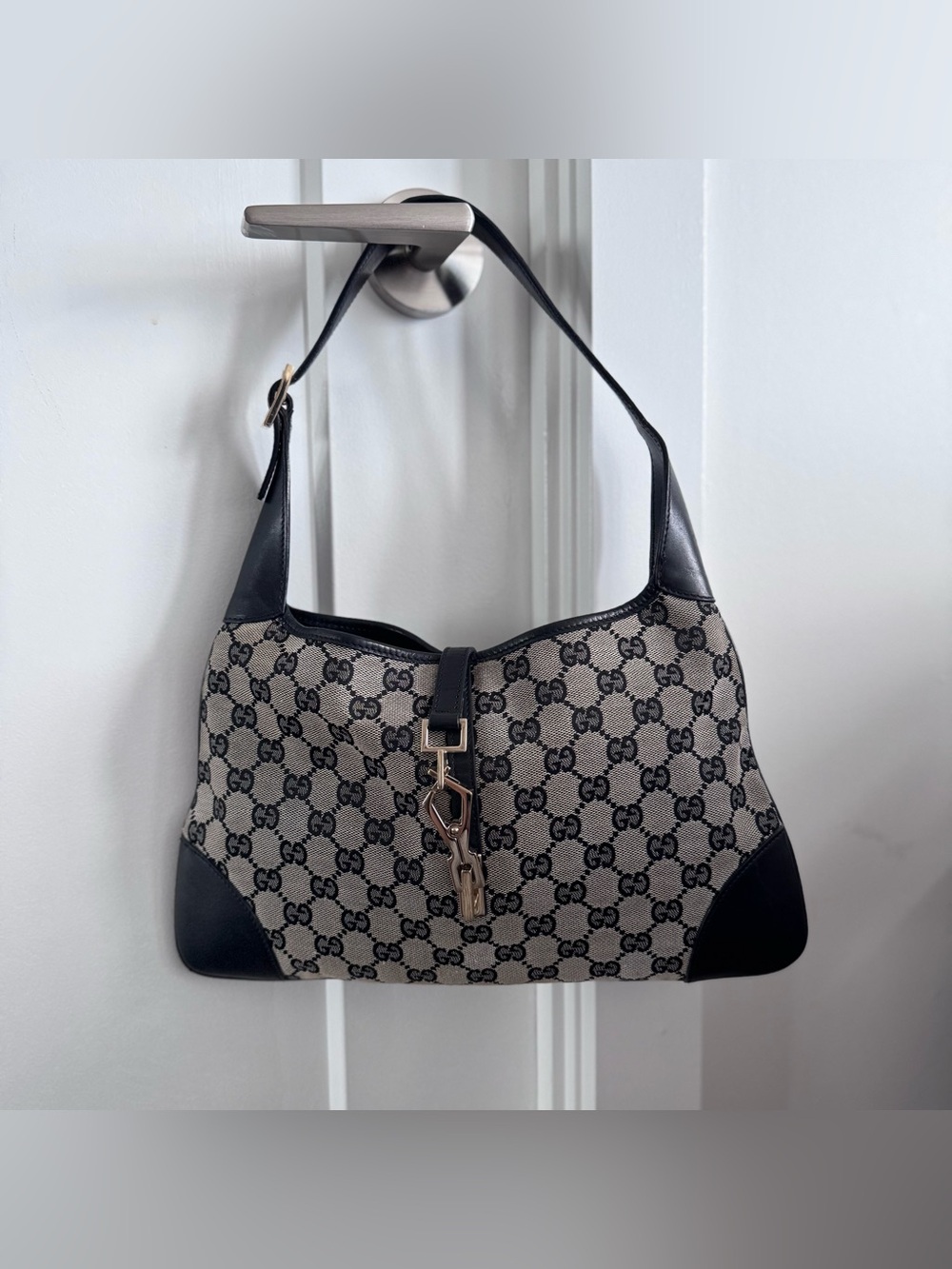 GUCCI Monogram Canvas Jackie Bag in Beige/Black